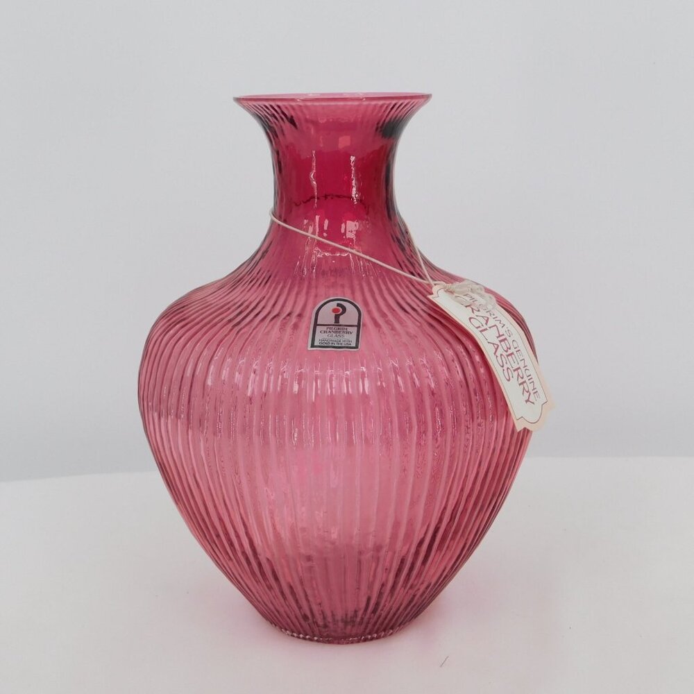 Pilgrim Cranberry Glass Ribbed Vase 8" tall Original Tag Sticker Vintage MCM